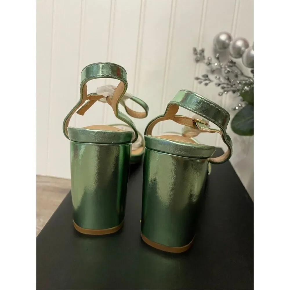 Lulus Womens Metallic Green Sandal High Heel Wedge Shoe Sz 6